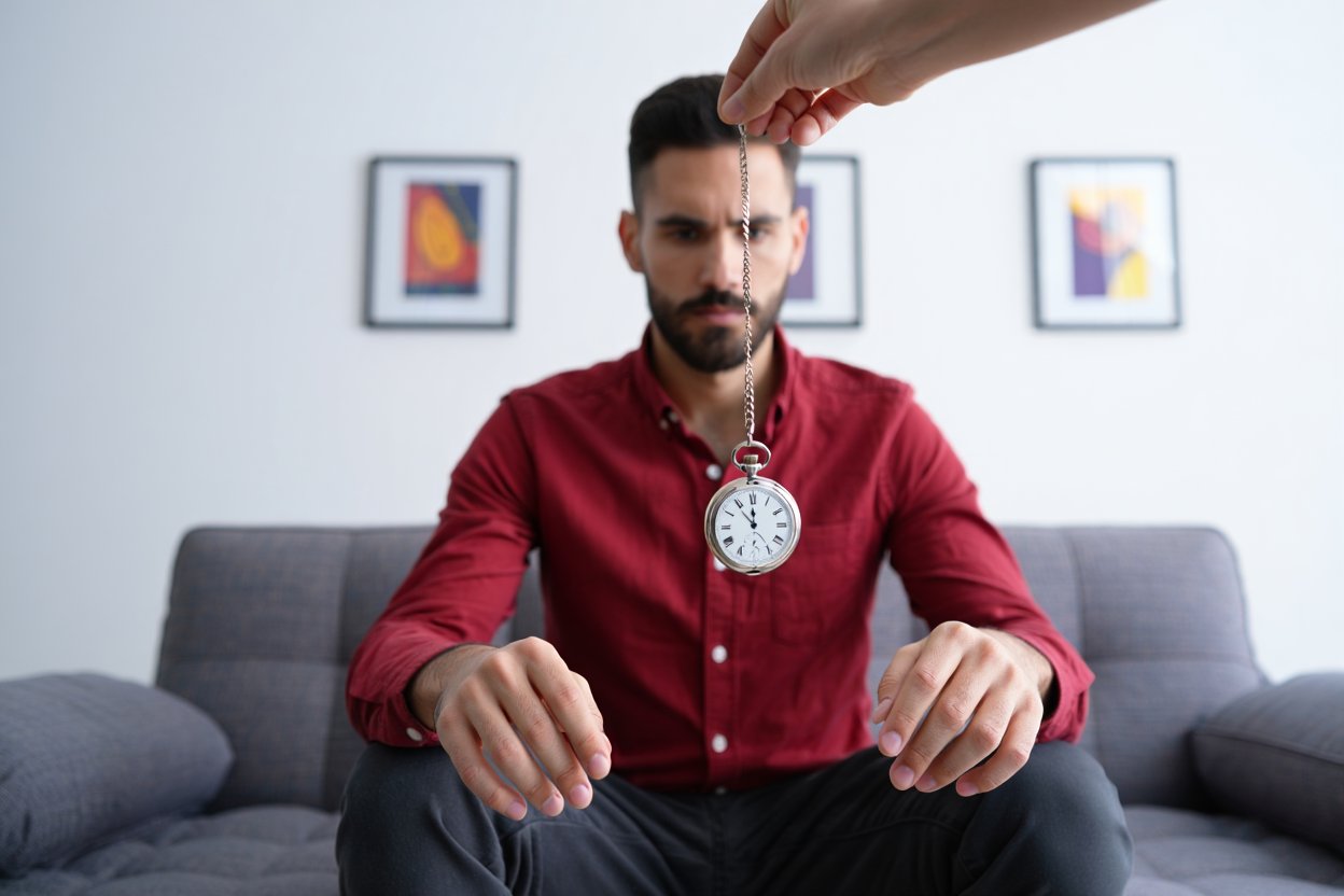 Мужчина в красной рубашке на сеансе гипноза